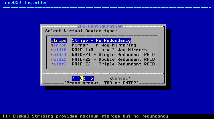 Seleccionar tipo de pool para ZFS